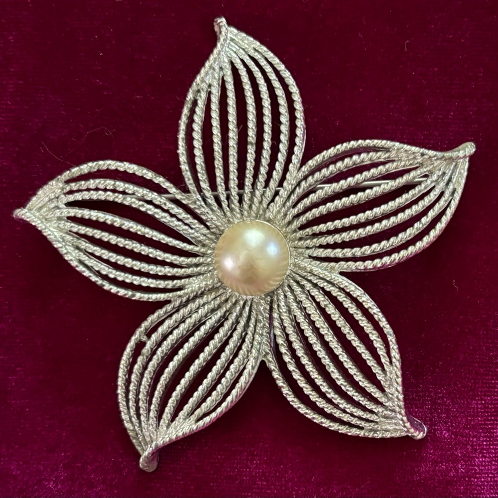 Sarah Coventry Vintage Moon Flower Faux Pearl Brooch